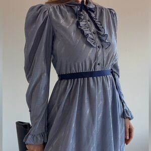 Vintage 80s Jerri Jee NY Midi Dress Gray Blue Satin Plaid Secretary